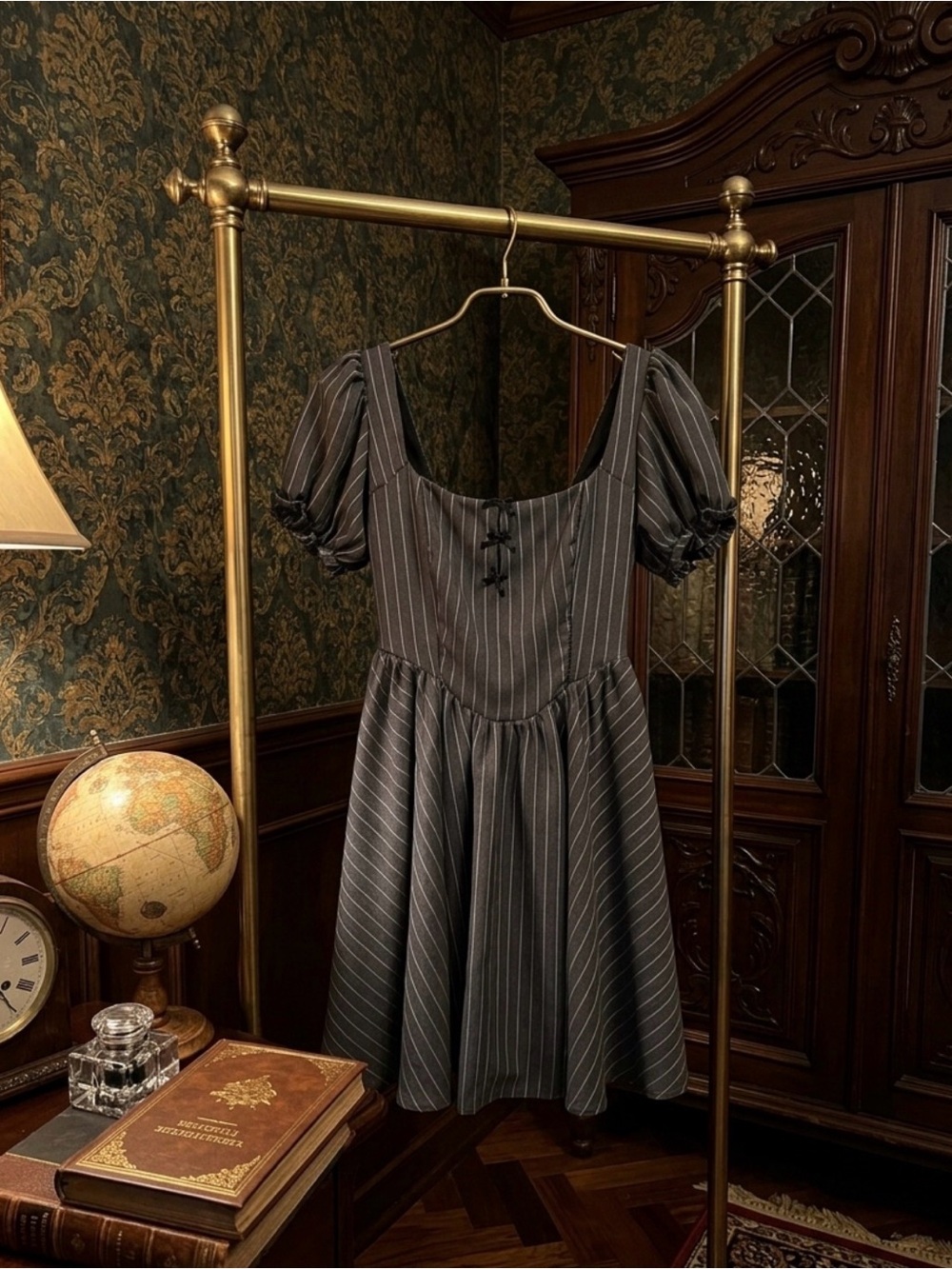 Pinstripe Puff-Sleeve Dress - Dark Grey/Light Black Colour